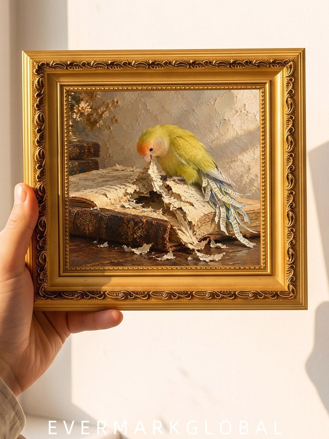 Hand Painted Peach Faced Lovebird Tearing Old Book Wall Art, Custom Oil ...