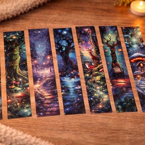 May include: A collection of eight rectangular bookmarks with fantasy art scenes. Each bookmark features a different whimsical landscape with trees, paths, and glowing lights. The color palette includes blues, greens, and oranges, creating a magical atmosphere.