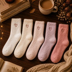 1x Pair Fluffy Heart Socks | Cosy Pink & Cream Socks | Soft Lounge Socks | Cute Bookish Gift | Autumn Winter Cosy Socks