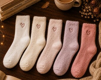 1x Pair Fluffy Heart Socks | Cosy Pink & Cream Socks | Soft Lounge Socks | Cute Bookish Gift | Autumn Winter Cosy Socks