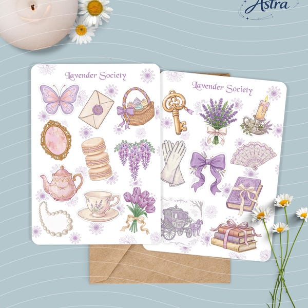 Lavender Society-Stickers Sheet - Glossy | Set of 19 Vinyl Stickers | Laminated Waterproof Stickers | Planner Stickers