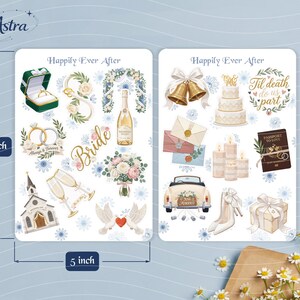 May include: Two rectangular sticker sheets measuring 7 inches by 5 inches, featuring wedding-themed illustrations. Designs include a ring box, champagne, a church, doves, a cake, envelopes, candles, a passport, a car, and shoes, with text reading Happily Ever After, Bride, Always & Forever, Til death do us part, and Just Married.