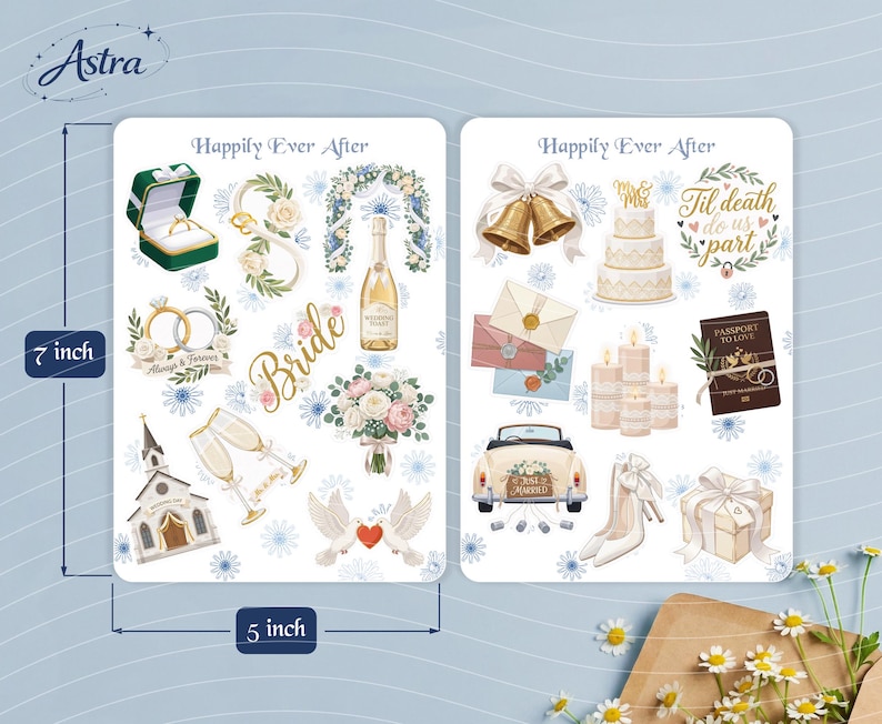 May include: Two rectangular sticker sheets measuring 7 inches by 5 inches, featuring wedding-themed illustrations. Designs include a ring box, champagne, a church, doves, a cake, envelopes, candles, a passport, a car, and shoes, with text reading Happily Ever After, Bride, Always & Forever, Til death do us part, and Just Married.