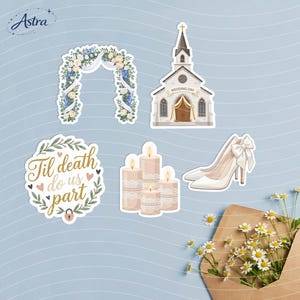 May include: A set of five wedding-themed stickers featuring a floral arch, a church building with the text 'WEDDING DAY', a circular sign with the text 'Til death do us part', a cluster of three lit candles, and a pair of white high-heeled shoes.