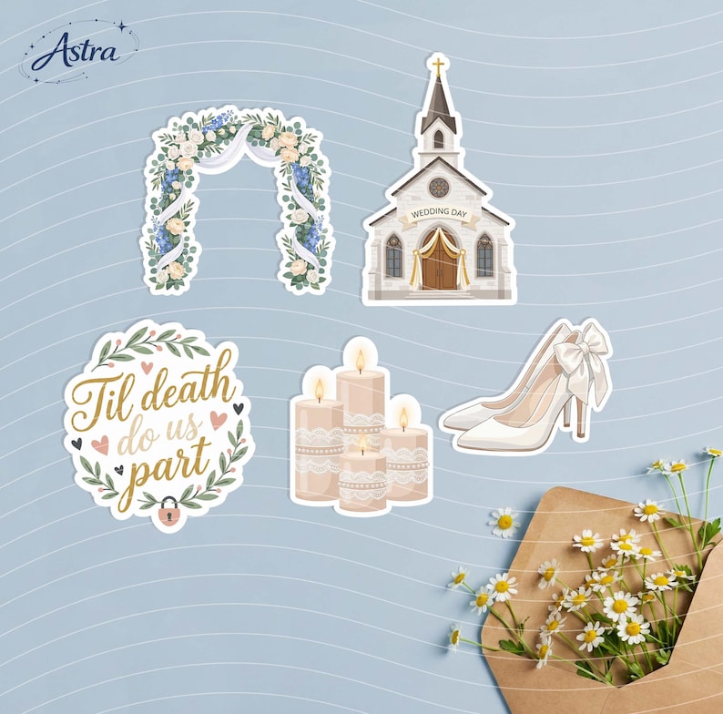 May include: A set of five wedding-themed stickers featuring a floral arch, a church building with the text 'WEDDING DAY', a circular sign with the text 'Til death do us part', a cluster of three lit candles, and a pair of white high-heeled shoes.