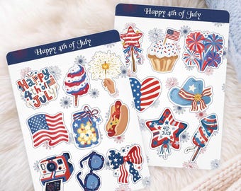 Happy 4th of July Stickers Sheet - Glossy | Set of 17 Vinyl Stickers | Laminated Waterproof Stickers