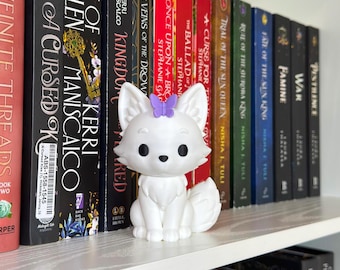 Cute White Fox Figurine with Purple Butterfly, Reading Nook Decor, Book Lover Gift, 3D Printed Bookish Shelf Decor | Quicksilver
