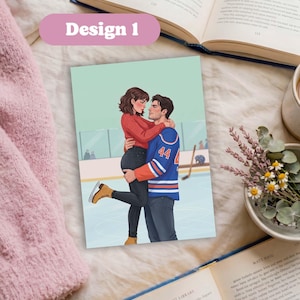 May include: A rectangular print featuring an illustration of two people embracing on an ice rink. One person wears a red jumper and black trousers, while the other wears a blue hockey jersey with the number 44 and dark jeans. The text Design 1 appears.
