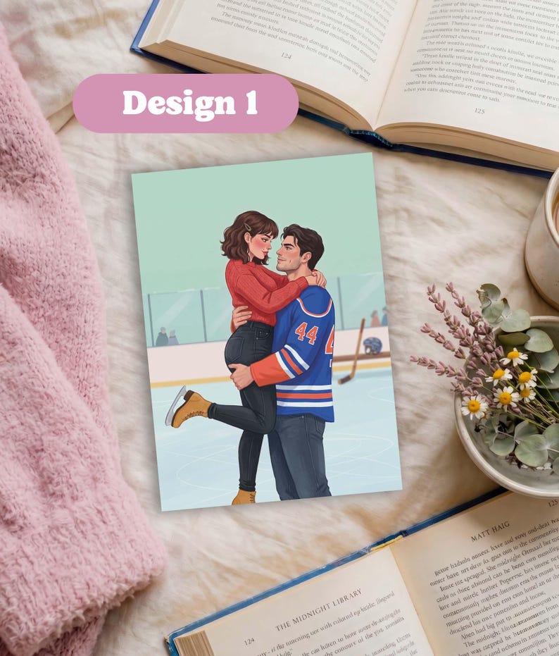 May include: A rectangular print featuring an illustration of two people embracing on an ice rink. One person wears a red jumper and black trousers, while the other wears a blue hockey jersey with the number 44 and dark jeans. The text Design 1 appears.