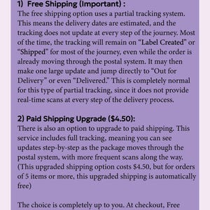 May include: A light purple rectangular informational sign with dark text. The header reads Note about the two shipping options available. The text details two shipping choices: 1) Free Shipping (Important) and 2) Paid Shipping Upgrade ($4.50).