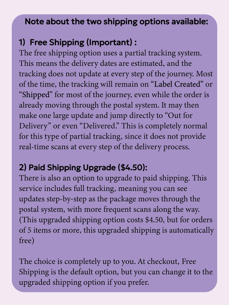 May include: A light purple rectangular informational sign with dark text. The header reads Note about the two shipping options available. The text details two shipping choices: 1) Free Shipping (Important) and 2) Paid Shipping Upgrade ($4.50).