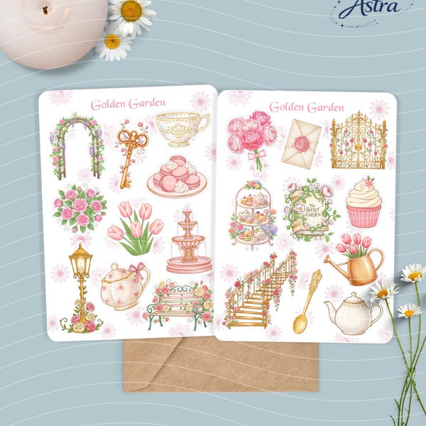 Golden Garden-Stickers Sheet - Glossy | Set of 20 Vinyl Stickers | Laminated Waterproof Stickers