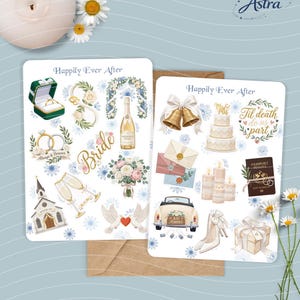 May include: Two sticker sheets titled Happily Ever After featuring wedding-themed illustrations including a ring box, champagne, a church, a bride script, bouquets, bells, a three-tier cake, candles, a passport, a car, and gifts.