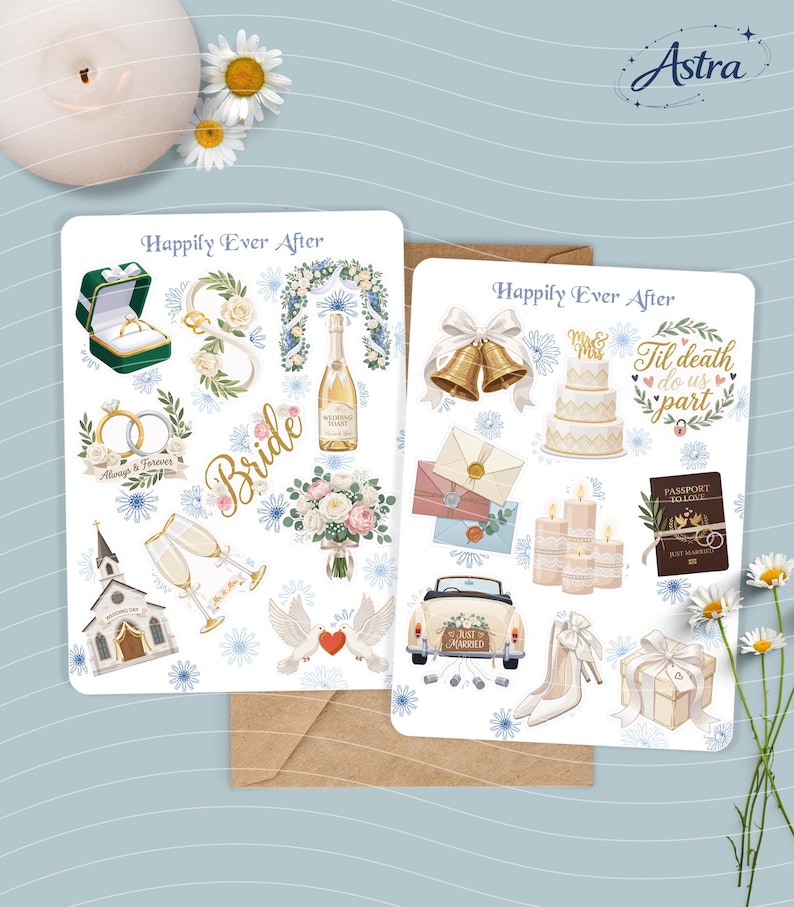 May include: Two sticker sheets titled Happily Ever After featuring wedding-themed illustrations including a ring box, champagne, a church, a bride script, bouquets, bells, a three-tier cake, candles, a passport, a car, and gifts.