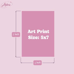 May include: A rectangular pink art print with the white text "Art Print Size: 5x7" centred on the surface. The image includes dimension lines indicating a height of 7 inches and a width of 5 inches. The word "Astra" appears in the top left corner.