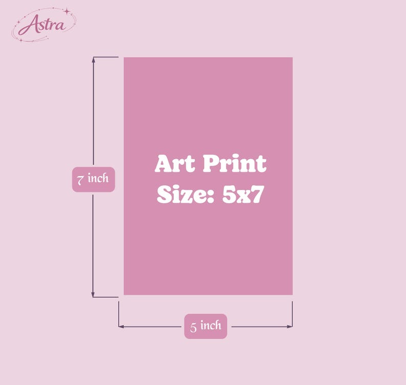 May include: A rectangular pink art print with the white text "Art Print Size: 5x7" centred on the surface. The image includes dimension lines indicating a height of 7 inches and a width of 5 inches. The word "Astra" appears in the top left corner.