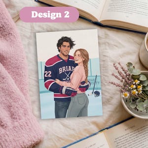 May include: A rectangular print featuring a digital illustration of a person in a dark blue and maroon hockey jersey with the text BRIAR UNIVERSITY and the number 22, embracing another person wearing a pink sweater and grey jeans on ice.