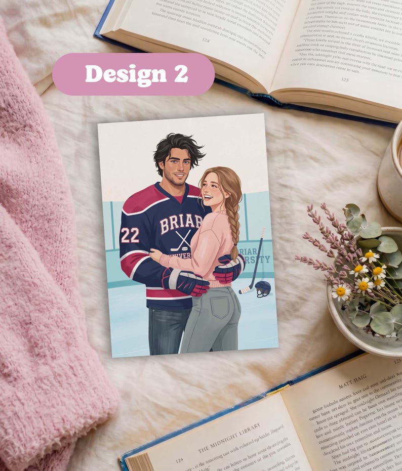 May include: A rectangular print featuring a digital illustration of a person in a dark blue and maroon hockey jersey with the text BRIAR UNIVERSITY and the number 22, embracing another person wearing a pink sweater and grey jeans on ice.