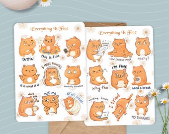 Everything is Fine-Stickers Sheet - Glossy | Set of 18 Vinyl Stickers | Laminated Waterproof Stickers | Cat stickers | Orange Cat