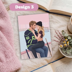 May include: A rectangular print featuring an illustration of two people embracing on an ice rink. One person wears a dark blue hockey jersey with the number 66 in lime green, while the other wears a black beanie, dark top, and dark jeans.