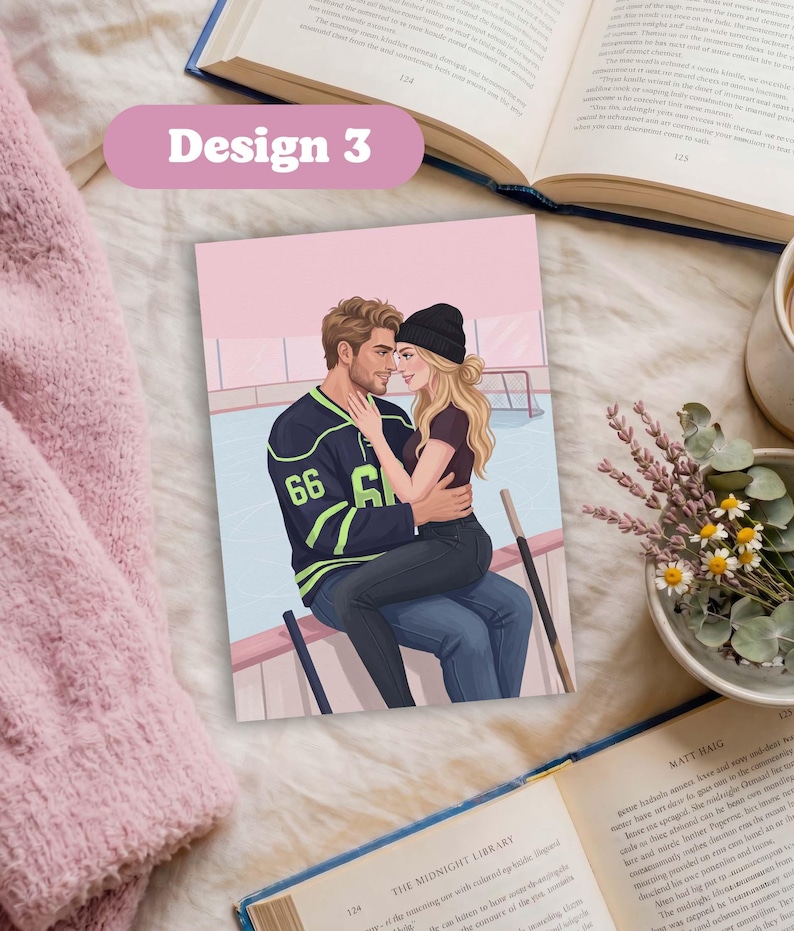 May include: A rectangular print featuring an illustration of two people embracing on an ice rink. One person wears a dark blue hockey jersey with the number 66 in lime green, while the other wears a black beanie, dark top, and dark jeans.