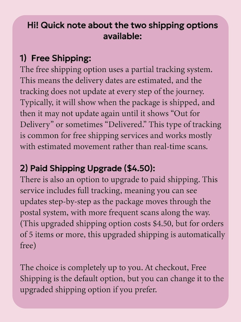 May include: A rectangular informational graphic with a light pink background and dark text. The text outlines two shipping options: free shipping with partial tracking and a paid shipping upgrade that includes full step-by-step tracking updates.