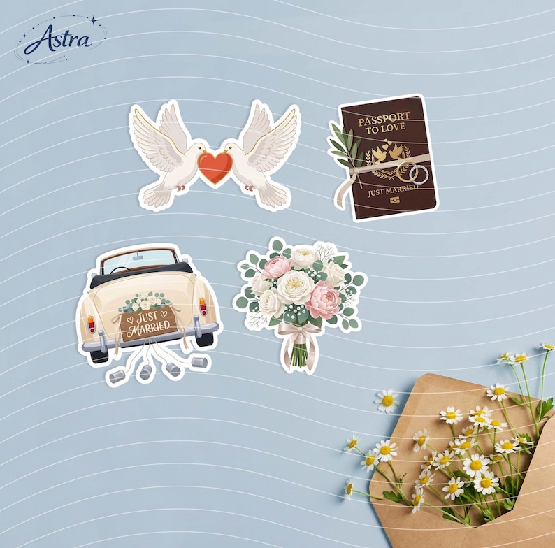 May include: Four wedding-themed stickers featuring two white doves holding a red heart, a brown Passport to Love booklet, a cream-colored convertible car with a Just Married sign and tin cans, and a bouquet of white and pink flowers.