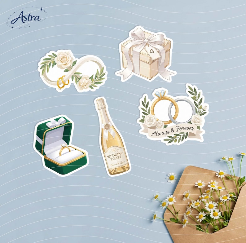 May include: A set of five wedding-themed stickers featuring an infinity symbol with roses and rings, a gift box with a bow, a diamond ring in a green box, a champagne bottle labeled Wedding Toast, and two rings with the text Always & Forever.