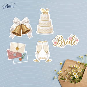 May include: A collection of wedding-themed stickers featuring gold bells with a white bow, a three-tiered cake with Mr & Mrs text, three envelopes with wax seals, two champagne flutes with Mr & Mrs text, and the word Bride with floral accents.