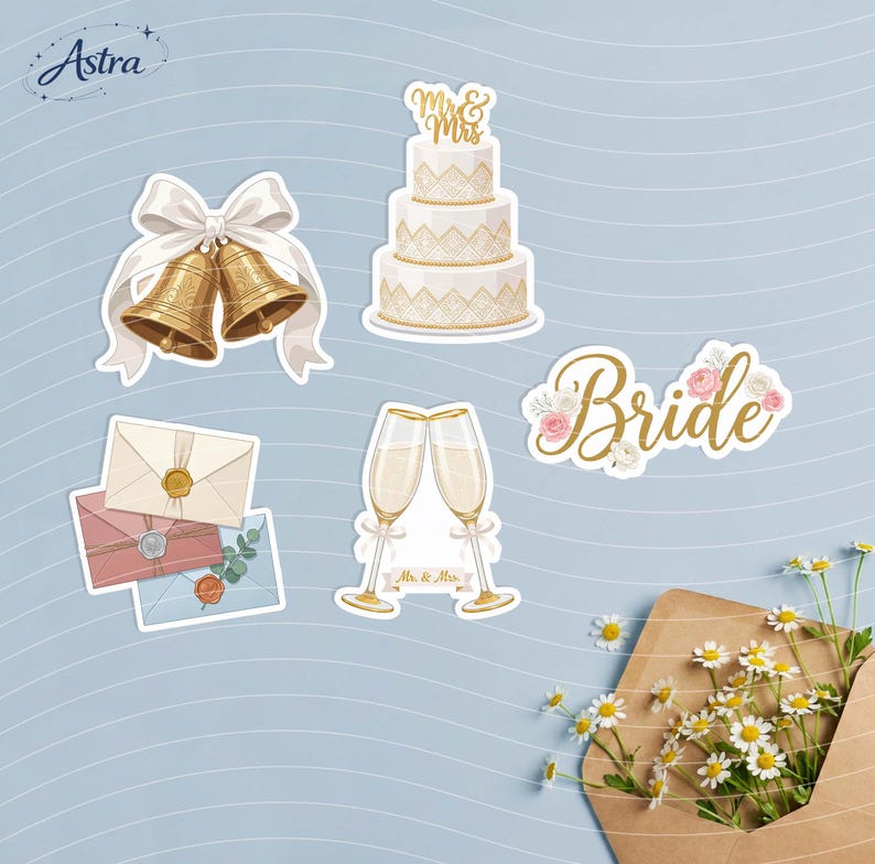 May include: A collection of wedding-themed stickers featuring gold bells with a white bow, a three-tiered cake with Mr & Mrs text, three envelopes with wax seals, two champagne flutes with Mr & Mrs text, and the word Bride with floral accents.