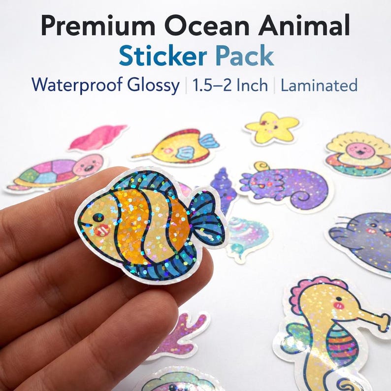 Premium Ocean Animal Stickers Pack, 19 Waterproof Glossy Vinyl Stickers, Cute Sea Animals for Laptop, Water Bottle, Kawaii Stickers afbeelding 2