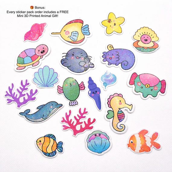 Premium Ocean Animal Stickers Pack, 19 Waterproof Glossy Vinyl Stickers, Cute Sea Animals for Laptop, Water Bottle, Kawaii Stickers