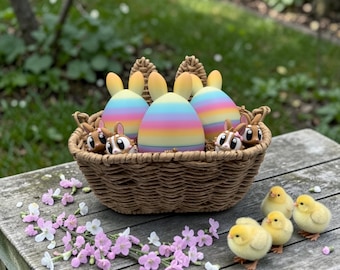 4 Bunny Miniatures in Pastel Rainbow Egg, 3D Printed Animal Set, Small Gift