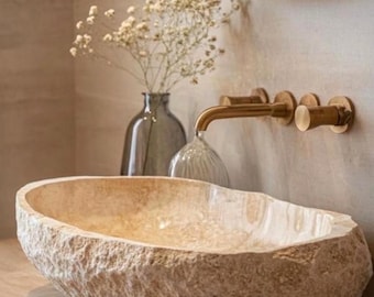 Ovale wastafel van travertijn | Handgemaakte rustieke wastafel van natuursteen | Landelijke badkamermeubel | Luxe spa-inrichting