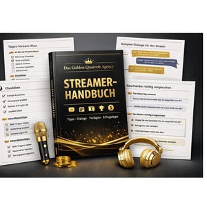 May include: A black and gold book titled "STREAMER-HANDBUCH" with the text "Das Golden Quarrett Agency" and "Tipps - Dialoge - Vorlages - Erfolgstipps". A gold microphone, headphones, and coins are in the image, along with several sheets of paper.