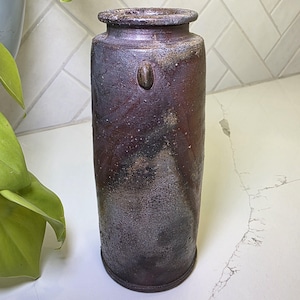 Vintage Bizen Ware Flower Vase with Incised Mark - Authentic Wood-Fired Japanese Ceramic Hanaire - Sangiri and Goma Ash Glaze