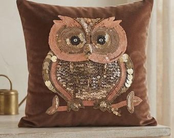 Pier 1 Imports Owl Throw Pillow, 12-Inch Brown Velvet Sequin Cushion