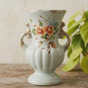 May include: A pale blue ceramic vase with a fluted body and two ornate handles featuring gold-toned accents. The front of the vase is decorated with a hand-painted floral motif consisting of orange roses, small white daisies, and green leaves.