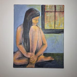 Original Expressionist Figure Painting | Unsigned Modern Fine Art Canvas | Solitary Woman by Window | Moody Blue Impressionist Artwork
