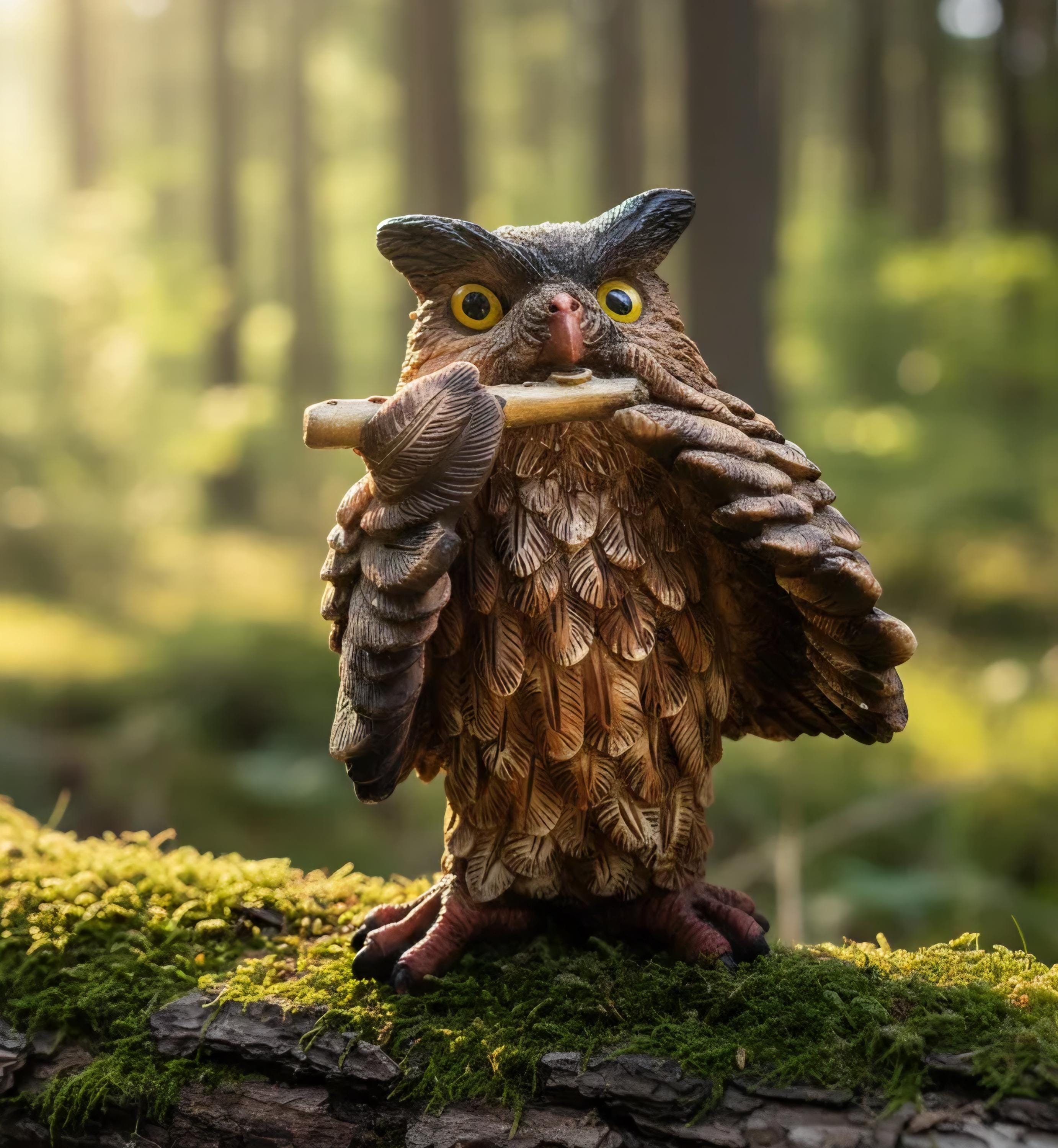 Vintage Italian Figurine of Owl Playing the Flute - Signed by L Toni - Painted by Hand