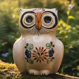 May include: A cream-colored ceramic owl figurine featuring a hand-painted orange beak, large black-rimmed eyes, and a central floral motif in shades of brown, blue, and green. The owl has a smooth, glossy finish and detailed black line work.