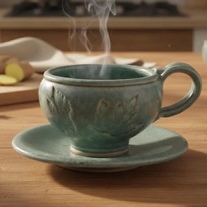 May include: A teal ceramic teacup and saucer set with leaf detailing. The teacup has a rounded shape with a handle and is filled with steaming liquid. The saucer is round and matches the teacup's color. The set is on a wooden surface.