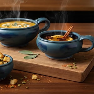 J. Bauman Studio Art Pottery Stoneware Soup Mugs w/Handle Teal and Blue