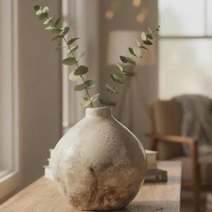 May include: A beige ceramic vase with a textured surface, holding two stems of eucalyptus. The vase has a rounded shape and sits on a wooden table. The eucalyptus leaves are green and oval-shaped.