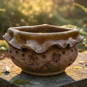 May include: A handcrafted brown ceramic planter with a ruffled rim. The planter features embossed patterns and dark accents. The square-shaped pot is suitable for indoor or outdoor use. The planter is sitting on a stone surface.