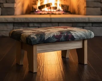 Vintage Solid Oak Wood Padded Footstool with Floral Upholstery – Traditional Accent Ottoman Bench