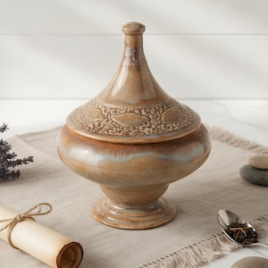 Vintage 1973 Mid Century Modern Studio Pottery Lidded Urn Vase Signed Grace | Brown Drip Glaze Pedestal Covered Dish | Boho Decor