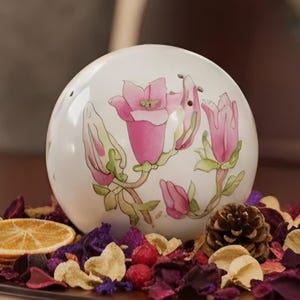 Vintage Porcelain Pomander Ball, Hanging Scent Ball, Floral Ceramic Potpourri Holder Ornament