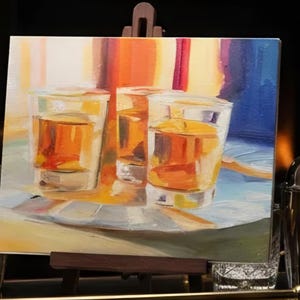 May include: An oil painting on canvas depicts three shot glasses filled with amber liquid. The artwork is displayed on a small wooden easel, with a stainless steel cocktail shaker and a silver ice bucket in the background.