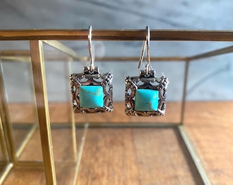 Vintage Sterling Silver Turquoise Dangle Earrings, Thai Boho Southwest Style